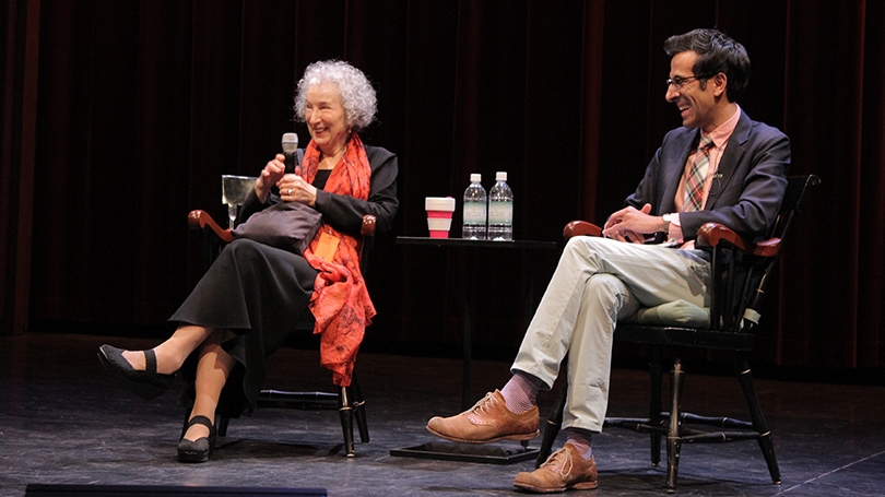 Margaret Atwood and Sonu Bedi sit onstage